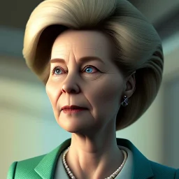 Ursula von der Leyen, Pixar Studio animation style, big circular reflective eyes, unreal engine cinematic smooth, intricate detail, portrait of a politician