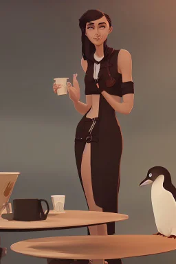 young woman talk to a penguin in coffee-shop