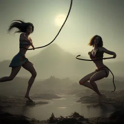 Two women skipping with a rope, demons and angry gods fight in the background, in the style of a Michael Moorcock book cover.