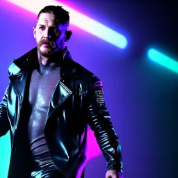 Actor, tom hardy, blade runner style, rain, fog, neon ambient, gradient color, clean skin, circuits, latex coat, cyber punk, neon, tubes, portrait, studio photo, unreal engine 5, smooth color, 16 bit, god lights, ray tracing, RTX, lumen lighting, ultra deatail, volumetric lighting, 3d, finely drawn, hd.