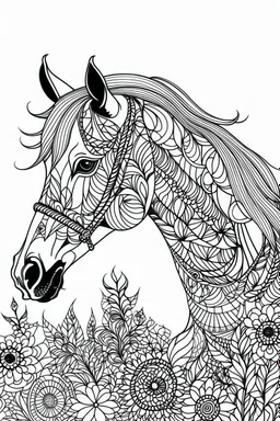 create a 2d black outline, "horse coloring book for girls", coloring page, low details design, black contour, coloring page design, simple background, colorful , card style, coloring page for girls, white background, sketch style