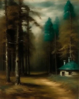A blackish teal forest with a cozy cabin painted by Albert Pinkham Ryder