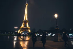 around Eiffel tower a few people with umbrella walking while it is raining at night and the Eiffel is seen complete