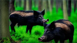 wild pigs with long tusks in woodland