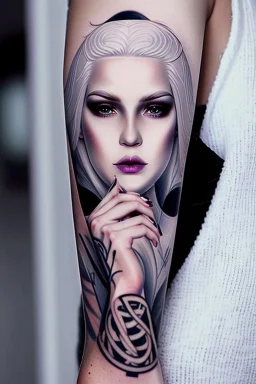 a woman white hair luxury stlye tatto in a street