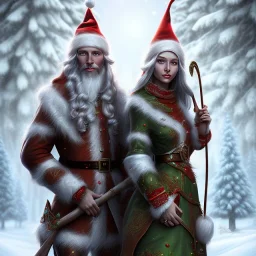 two elves. woman and man. Christmas scene. photorealistic. low-key