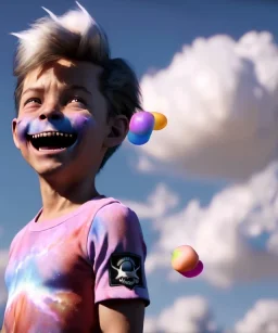 Ultra realistic clouds sky scene, medium shot view, portrait, sweet Childs, free jumping flying, trinkets, monster hair, jelly beans, balls, smile, happy, Peter Pan style, inflatable color clothing, extreme, wind, clouds sea, 20,000 feet altitude, stratosphere, soft color, highly detailed, unreal engine 5, ray tracing, RTX, lumen lighting, ultra detail, volumetric lighting, 3d, finely drawn, high definition, high resolution.