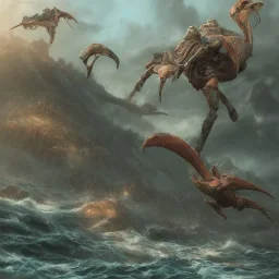 an ibis warrior in orange and green full battle armor, background of giant crashing ocean waves, a highly detailed illustration, realistic render, 8 k, micro detail, intricate, elegant, centered, digital painting, smooth, sharp focus, illustration, artgerm, tomasz alen kopera, peter mohrbacher, donato giancola, joseph christian leyendecker, wlop, boris vallejo