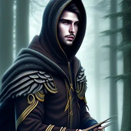 Male, Dark hair, Digital Art, Bow in hand, Hooded Cloak, Dark Forrest background