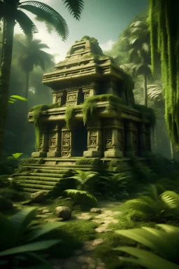 an ancient tiki temple with withered walls swallowed by nature in a dense jungle in a background format