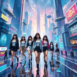 Highly detailed and intricate 3D fractal recursive art, with a group of young women/girls wearing fashionable modern clothing, walking directly toward the camera in a captivating and dreamlike futuristic cityscape. The city features towering skyscrapers, floating vehicles, holographic displays, and a vibrant, neon-infused atmosphere. The girls are the focal point, their movements and expressions conveying a sense of wonder and adventure as they explore this magical, technologically-advanced envi