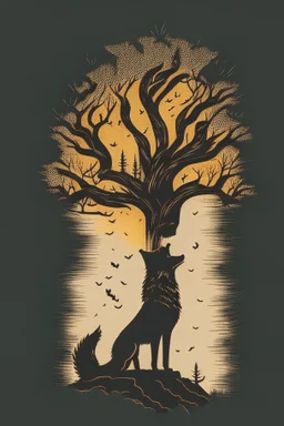 in a cosy vintage style, a wolf howls at a black tree