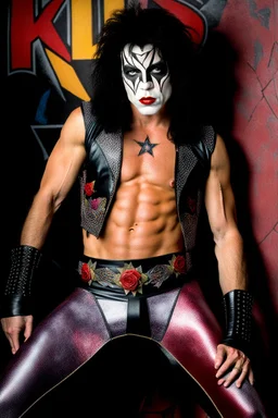 text 'KISS' - head and shoulders portrait, KISS - Paul Stanley, Black star on right eye, Chest and stomach hair, rose tattoo on right shoulder, black spandex and leather, 8-inch high platform boots, - a multicolored cement wall in the background,