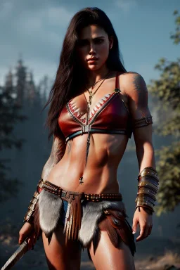 Barbarian character, animal hide armor, physically fit, tribal tattoos, soft round eyes, beads in hair, 8k resolution, cinematic smooth, intricate details, vibrant colors, realistic details, masterpiece, oil on canvas