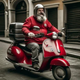 a photo of a fat man with beard riding a vespa wearing loriseg armor and helmet, red tunic, <lora:loriseg_V2-10:0.7>