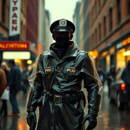 vintage, nypd full body color 1920 black policeman with exoskeleton wtih heavy rain transparent coat