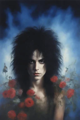 Chiaroscuro lighting, deep shadows, rich deep colors, facial portraits, 1980, 16-year-old Paul Stanley, ((1980's big hair, long, teased up Spikey Motley Crue style hair)), Black hair, facial portraits, foggy, cloudy blue wall with assorted designs and multiple floral arrangements in the background, 4k, 8k, 16k, 32k, 100k UHD, Ultra-Hyper Resolution, dark, sultry eyeshadow, eyeliner, mascara, rouge, lipstick