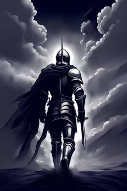 sad knight running away into dust walking away into a bright grey world fading as the world crumbles under as space snaps under his feet with nothing but clouds overhanging him as the world collapses into space drawn