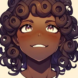 anime style, girl, brown skin, many freckles, curly hair, high quality, detailed.