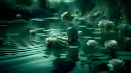 surreal and dreamlike, a trapped journalist celebrate the demise of a florist on a lake, sophisticated muted-green color scheme, splitlight effect, profesional photography, hard shadows, high contrast, saturated, pastel, dreamy atmosphere, liquid psychedelic