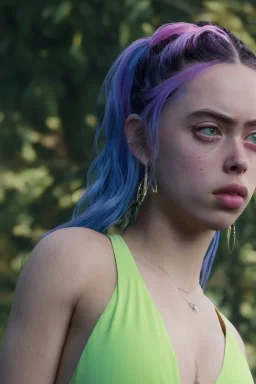 Billie Eilish, in a swimsuit, high detail, realistic, 8k, not to be distinguished from a photo, identical pupils