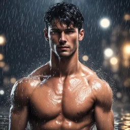 Hyper realistic Extremely Handsome shirtless with short black hair muscular man wearing black shirt getting wet in a rainy night