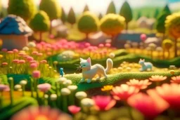 top view of a miniature flower farm scene with cute chibi anime gardener cats tending to the flower fields S<AI in sunshine, photorealistic, 3D, ethereal, cinematic postprocessing, bokeh, dof