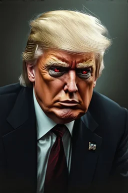 Portrait of Donald trump, half cyborg, metal showing under skin, one red eye