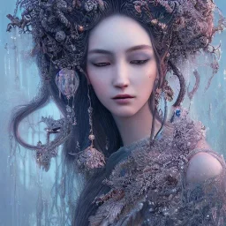 Insanely detailed photograph of an “portrait of gorgeous winter goddess ” with intricate hair, intricate embroidered dress, beautiful clear face and hyperdetailed painting by Ismail Inceoglu Huang Guangjian and Dan Witz CGSociety ZBrush Central fantasy art album cover art,8K, hdr, romantic, mysterious, ominous, beautiful flowers, jewelry, comfort, natural eyes,naked,tasteful