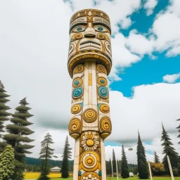 A white sky with puffy clouds designed in Pacific Northwest totem poles painted by Gustav Klimt