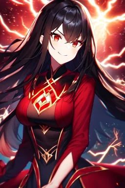 girl, masterpiece, best quality, cinematic lighting, detailed outfit, vibrant colors, perfect eyes, black hair, long hair, vibrant red eyes, lightning magic, angry, smile, evil look,