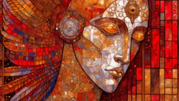 In Margaret Macdonald's art style, surreal, male angel, glitter, shimmer, glitter, shimmer, iridescent, bright colors, garnet, brown, burnt sienna, rust, silver, white, beige, snakeskin, hyper detail, hyper realistic, splash art , concept art, medium shot, intricate detail, color depth, drama, 2/3 face angle, side light, colorful background