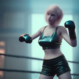 Cyberpunk blonde cyborg girl boxing in the ring unreal 5, octane render,cinema4d, dynamic lighting, 8k, redshift render, highly, hyperrealism ultra detailed, hyper realistic.