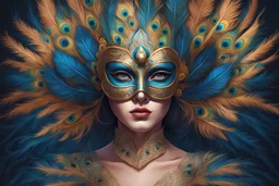 centered detailed portrait of a masked woman wearing a venetian mask, vibrant peacock feathers, intricate, elegant, highly detailed, digital painting, artstation, smooth, sharp focus, illustration, illuminated lines