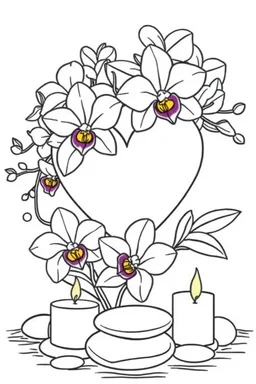outline art for visually rich appealing heart in orchids plumeria rounded stones candles, ikebana style, coloring page for kids, white background, fit to page, only use outline, clean line art, no shadows, clear and well outlined