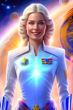 cosmic young woman admiral from the future, one fine whole face, large cosmic forehead, crystalline skin, expressive blue eyes, blue hair, smiling lips, very nice smile, costume pleiadian, rainbow ufo, Beautiful tall woman pleiadian Galactic commander, ship, perfect datailed golden galactic suit, high rank, long blond hair