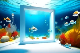 white,background,looking,through,a 3-d, square hole,watching,tropical,fish,swimming,in,the,ocean