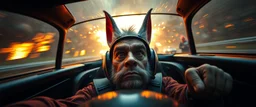 weird perspective worried human race car driver close up portrait of dj kobold skunk troll gnome pilot looking down on cam, with background in the style of escher and giger, a chill contrapunctus fugue in the style of fsol, beethoven, goa trance breaks, dancefloor drum and bass, burning cars, fire and explosions