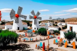 A white village with windmills painted by Keith Haring