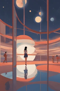 Tatsuro Kiuchi, Hannes Bok, Surreal, mysterious, strange, fantastical, fantasy, Sci-fi, Japanese anime, drops and crystals of light from Vermilion Sands, shadow stepping play, dancing miniskirt beautiful girl, perfect voluminous body At the Astronomical Observation Plaza, detailed masterpiece perspectives