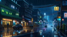 A cityscape at night, with rain pouring down and neon lights reflecting off the wet pavement. The buildings seem to sag under the weight of the melancholic atmosphere, as if they too are affected by the mood.