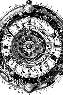 make a tattoo design out of this astronomical clock black ink on white background