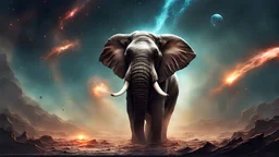 Elephant, depicting a cosmic cataclysm, apocalyptic chaos and splintering galaxies, industrial scifi, splashart illustration, high definition, high quality, highly detailed, ultra realistic