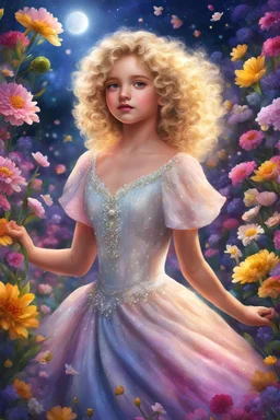 A girl with curly blonde hair and angelic eyes danced in the night amidst the colorful blooms of spring flowers, her pearl princess dress sparkling in the evening air, dispelling gloom with her beauty and grace. highly detailed, digital painting, beautiful, adorable digital painting, high quality, 4k