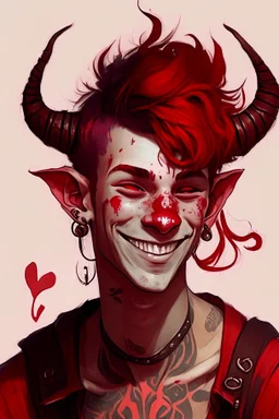 a red tiefling teen boy with lots of tattoos, he is happy