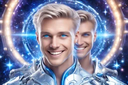 cosmic bionic beautiful men, smiling, with light blue eyes and with platinum suite in a magic extraterrestrial landscape with coloured fairy forest stars and bright beam
