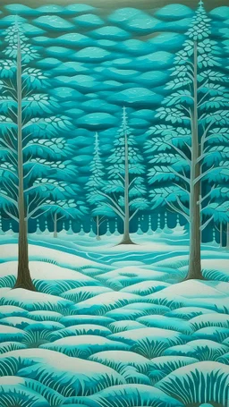 A cyan snowfield with evergreen trees designed in Heidrun manuscripts painted by Edward Hicks