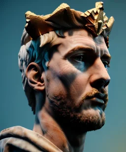 Gran angular, Realistic image, roman sculpture buste, marble deluxe material, Lionel Messi, gold Laurel crown model, miguel angel style, emperador, God light, god rays, 4k resolution, smooth details, ornate details, soft lighting, unreal engine 5, soft cyan background.