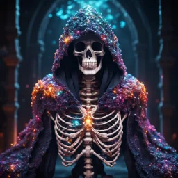 gigantic scarry dark hooded crystal skeleton made of marble, bright colors, glowing sparkle particles, dark tone, sharp focus, contrast, 8k, incredible depth, dramatic lighting, beautifully intricate details, clean environment, epic dynamic scene