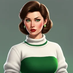 1980s, retro, low resolution, This is a digital illustration of shortstack Gina, depicted in a realistic yet stylized manner. She has short brown hair parted in the middle and piercing green eyes, large breasts and plump lips. Her outfit includes a white turtleneck sweater and black skirt. She stands confidently, with a determined expression, in a background featuring arched structures and mystical symbols. (cartoon, flat colors, drawn, illustrated, animated:2)